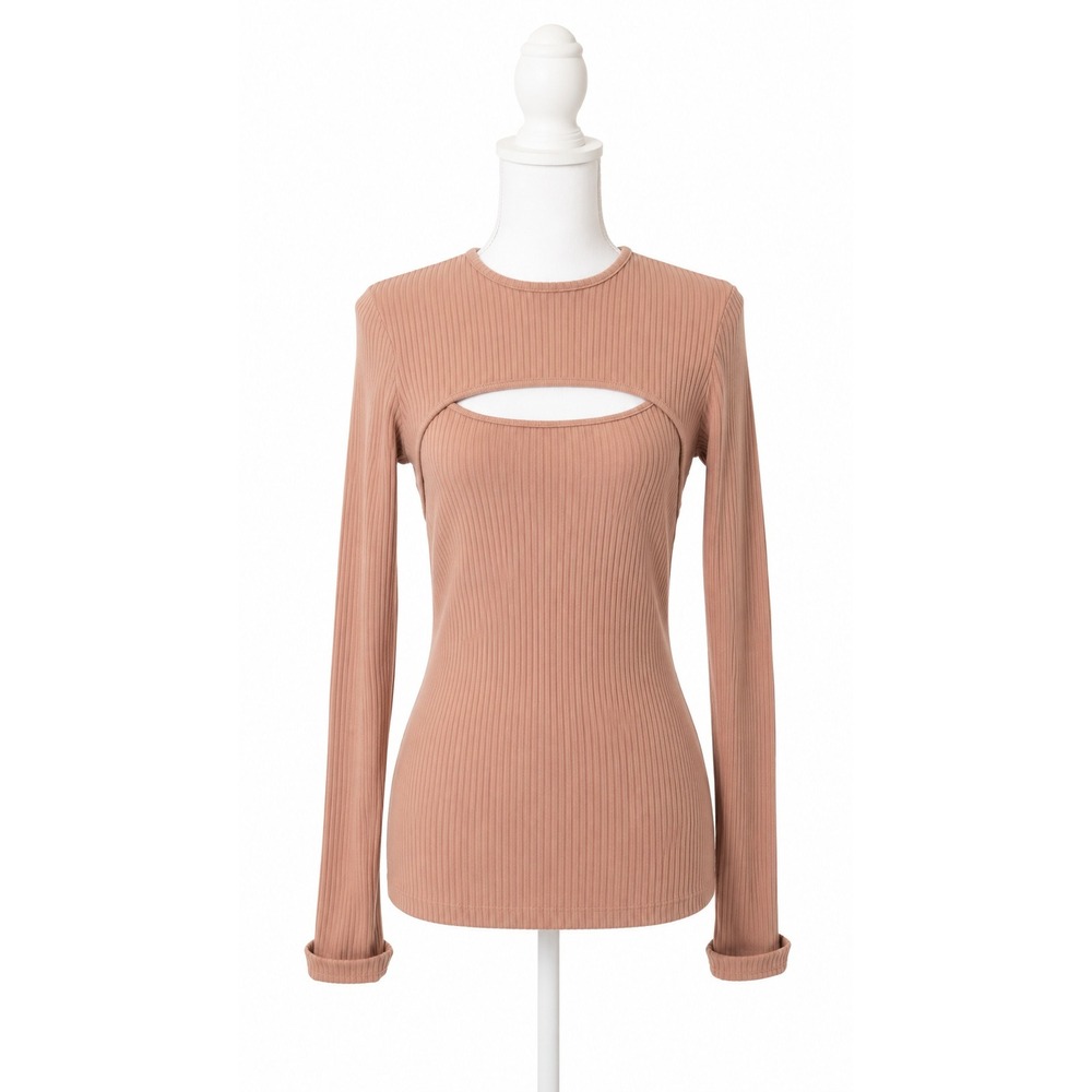 AGOLDE Lyza Organic Cotton Cut Out Rib Top Long‎ Sleeve Tan Minimalist Size M